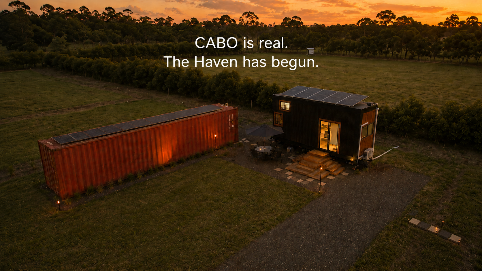 CABO Solana tiny home and container site expansion at sunset